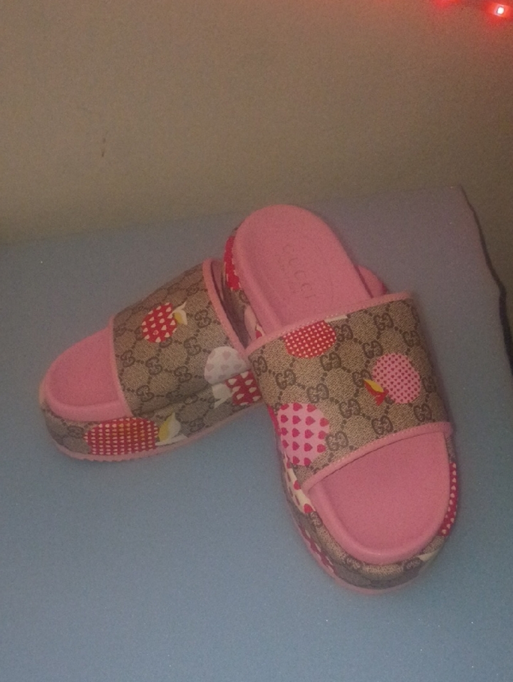 Gucci Pink GG Strawberry Print Slide Sandals